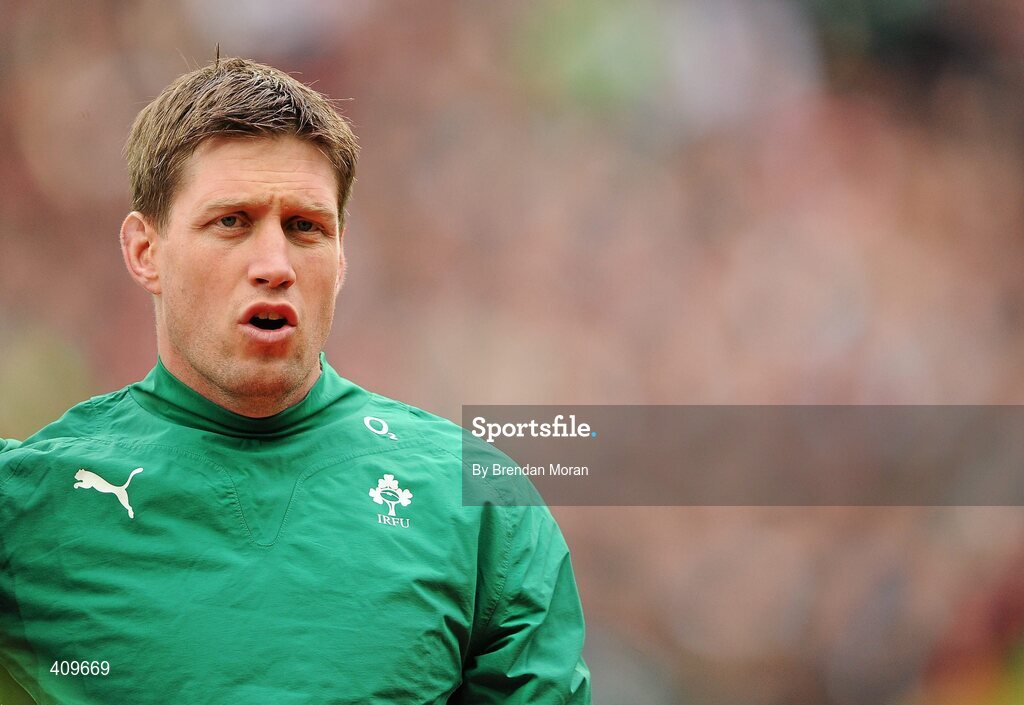 13 March 2010; Ireland substitute out-half Ronan O'Gara stands at the end of the line of players during the national anthems before the game. RBS Six Nations Rugby Championship, Ireland v Wales, Croke Park, Dublin. Picture credit: Brendan Moran / SPORTSFILE
