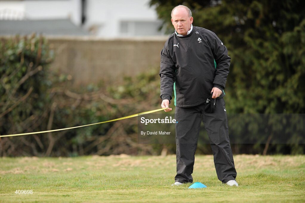 15 March 2010; Ireland head coach Declan Kidney measures the training area during rugby squad training ahead of their RBS Six Nations Rugby Championship match against Scotland on Saturday. Killiney Golf Course, Killiney, Co. Dublin. Picture credit; David Maher / SPORTSFILE