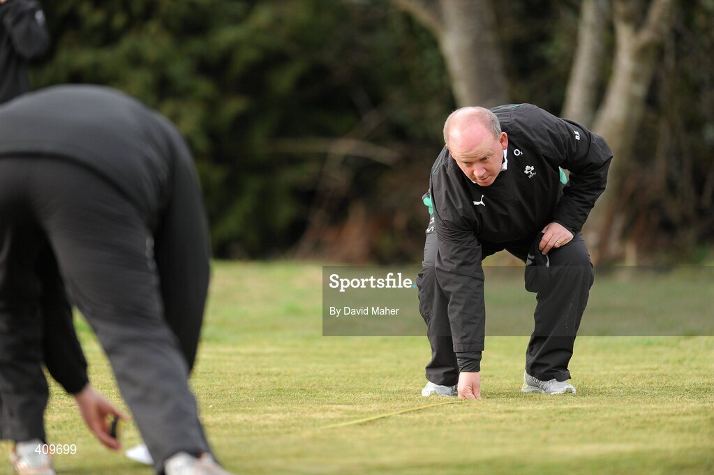 15 March 2010; Ireland head coach Declan Kidney measures the training area during rugby squad training ahead of their RBS Six Nations Rugby Championship match against Scotland on Saturday. Killiney Golf Course, Killiney, Co. Dublin. Picture credit; David Maher / SPORTSFILE