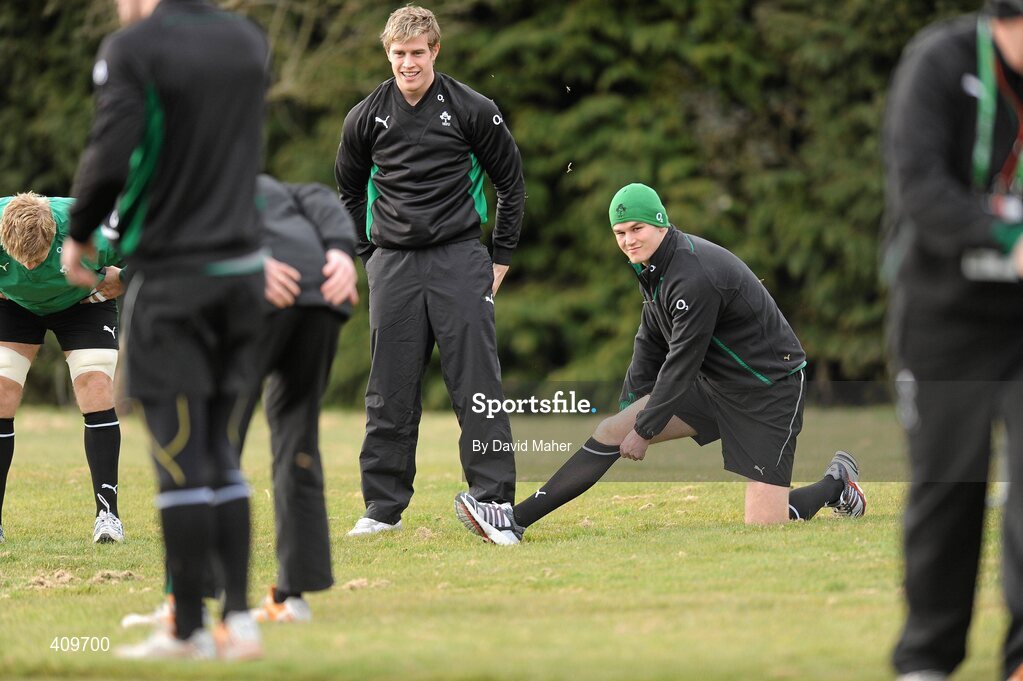 15 March 2010; Ireland's Andrew Trimble, left, and Jonathan Sexton during rugby squad training ahead of their RBS Six Nations Rugby Championship match against Scotland on Saturday. Killiney Golf Course, Killiney, Co. Dublin. Picture credit; David Maher / SPORTSFILE