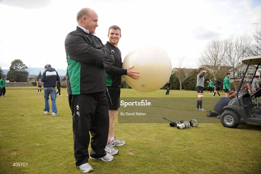 15 March 2010; Ireland head coach Declan Kidney with Gordon D'Arcy during rugby squad training ahead of their RBS Six Nations Rugby Championship match against Scotland on Saturday. Killiney Golf Course, Killiney, Co. Dublin. Picture credit; David Maher / SPORTSFILE