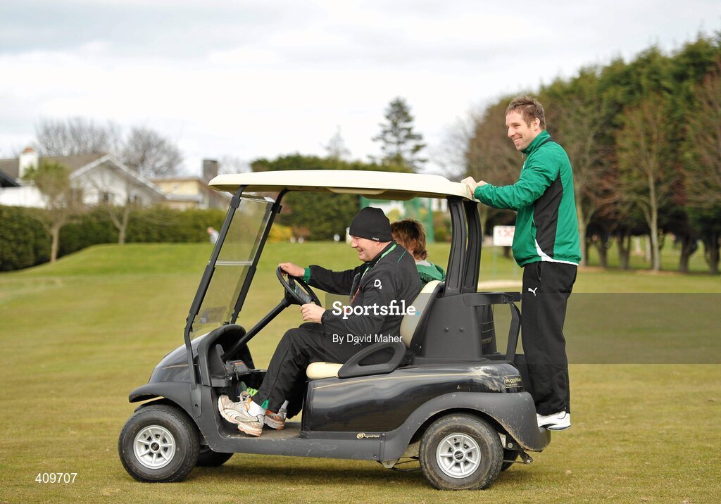 15 March 2010; Ireland's Tomas O'Leary gets a lift in a golf buggy from Ireland baggage master Paddy 'Rala' O'Reilly before the start of rugby squad training ahead of their RBS Six Nations Rugby Championship match against Scotland on Saturday. Killiney Golf Course, Killiney, Co. Dublin. Picture credit; David Maher / SPORTSFILE