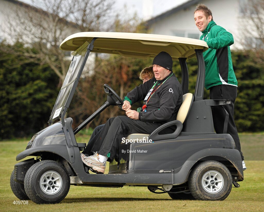 15 March 2010; Ireland's Tomas O'Leary gets a lift in a golf buggy from Ireland baggage master Paddy 'Rala' O'Reilly before the start of rugby squad training ahead of their RBS Six Nations Rugby Championship match against Scotland on Saturday. Killiney Golf Course, Killiney, Co. Dublin. Picture credit; David Maher / SPORTSFILE
