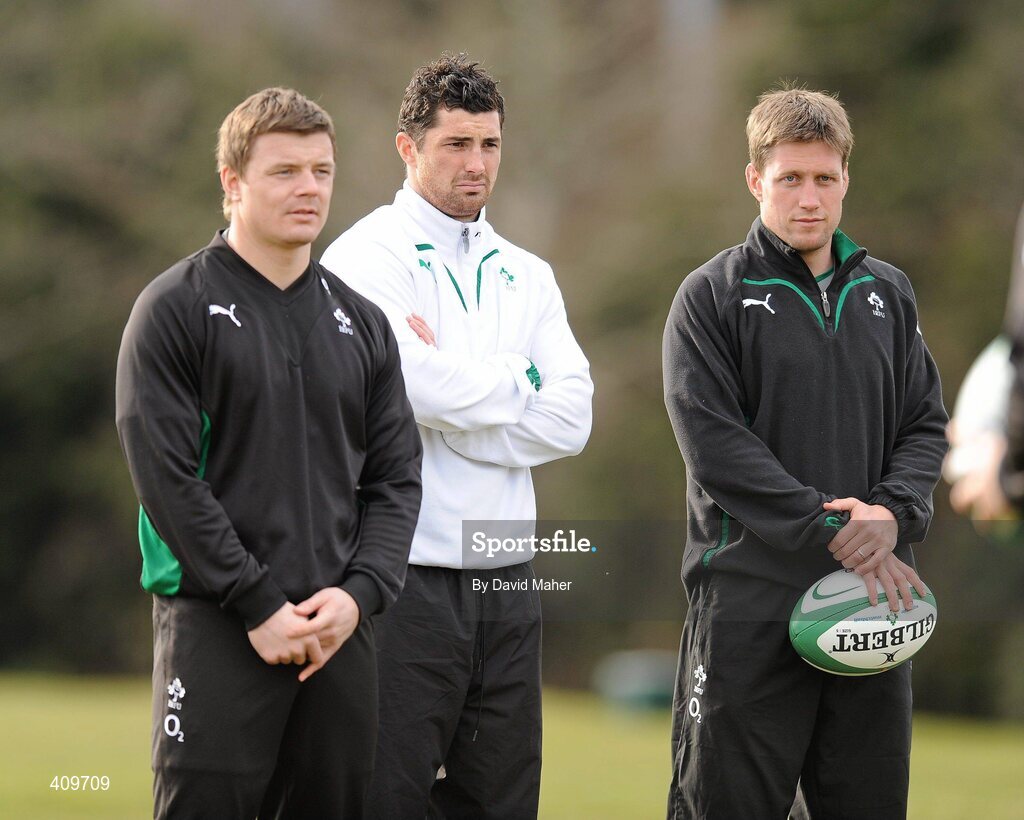 15 March 2010; Ireland players Ronan O'Gara, right, Rob Kearney, centre, and Brian O'Driscoll during rugby squad training ahead of their RBS Six Nations Rugby Championship match against Scotland on Saturday. Killiney Golf Course, Killiney, Co. Dublin. Picture credit; David Maher / SPORTSFILE