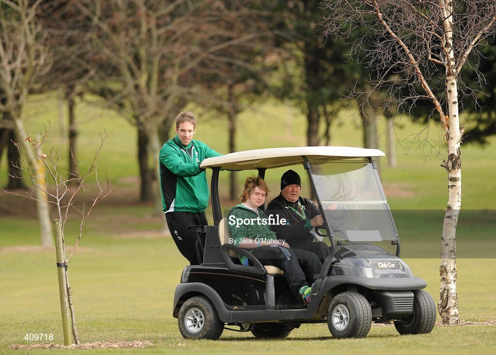15 March 2010; Ireland's Tomas O'Leary gets a lift in a golf buggy from Ireland baggage master Paddy 'Rala' O'Reilly before the start of rugby squad training ahead of their RBS Six Nations Rugby Championship match against Scotland on Saturday. Killiney Golf Course, Killiney, Co. Dublin. Picture credit; Jack O'Mahony / SPORTSFILE