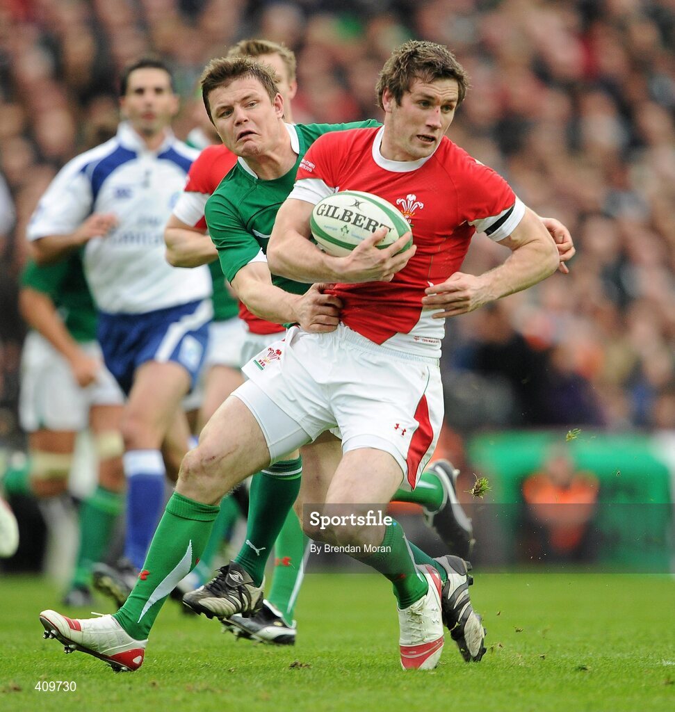 13 March 2010; Andrew Bishop, Wales, is tackled by Brian O'Driscoll, Ireland. RBS Six Nations Rugby Championship, Ireland v Wales, Croke Park, Dublin. Picture credit: Brendan Moran / SPORTSFILE