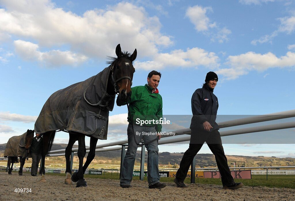 15 March 2010; Trainer Henry de Bromhead leads Sizing Europe, alongside Michael Murray, ahead of tomorrow's start of the Cheltenham Racing Festival 2010. Prestbury Park, Cheltenham, Gloucestershire, England. Picture credit: Stephen McCarthy / SPORTSFILE