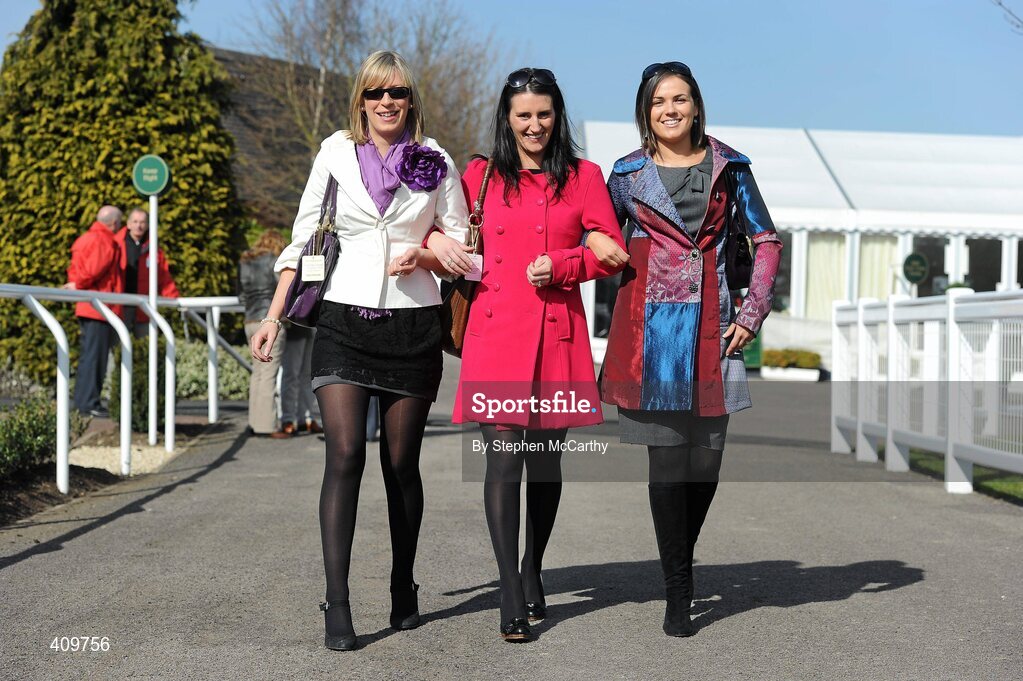 16 March 2010; Irish ladies, from left, Kate Moloney, Trisha Girffin, from Thurles, Co. Tipperary, and Paula Geraghy, from Rathoat, Co. Meath, ahead of the opening day of the Cheltenham Racing Festival 2010. Cheltenham Racing Festival - Tuesday. Prestbury Park, Cheltenham, Gloucestershire, England. Picture credit: Stephen McCarthy / SPORTSFILE