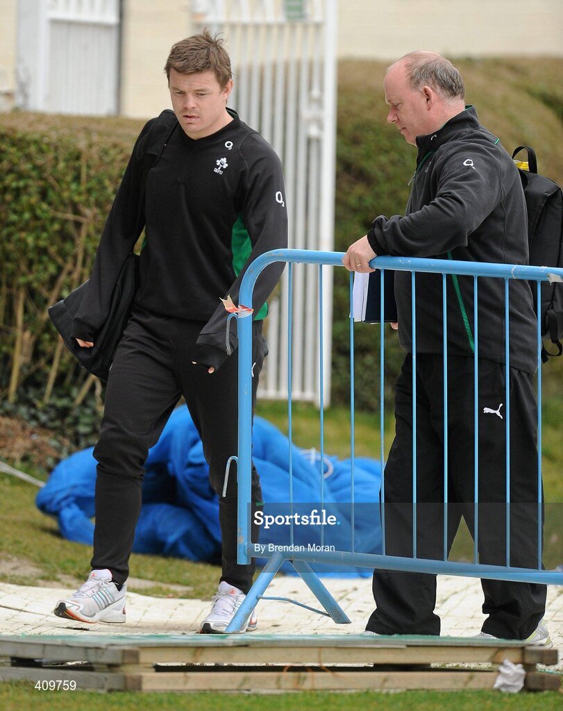 16 March 2010; Ireland's head coach Declan Kidney moves a barrier for team captain Brian O'Driscoll as they arrive for squad training ahead of their RBS Six Nations Rugby Championship match against Scotland on Saturday. RDS, Ballsbridge, Dublin. Picture credit: Brendan Moran / SPORTSFILE