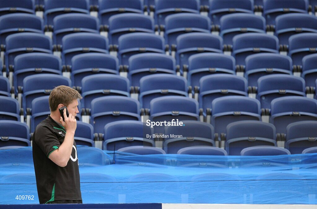 16 March 2010; Ireland out-half Ronan O'Gara on his mobile phone as he arrives for squad training ahead of their RBS Six Nations Rugby Championship match against Scotland on Saturday. RDS, Ballsbridge, Dublin. Picture credit: Brendan Moran / SPORTSFILE