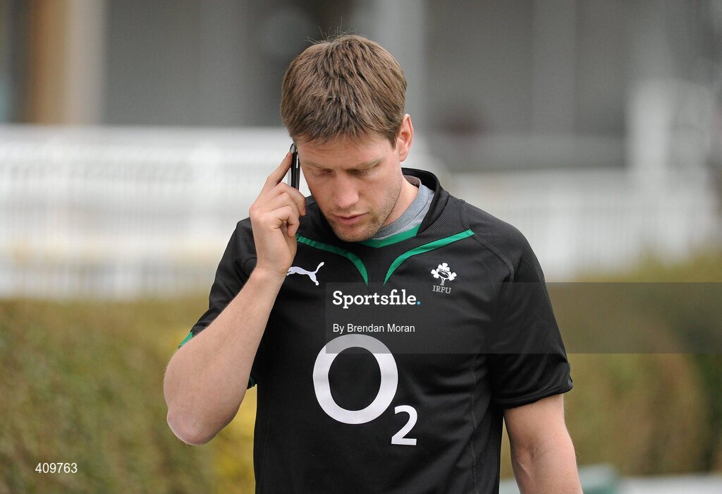 16 March 2010; Ireland out-half Ronan O'Gara on his mobile phone as he arrives for squad training ahead of their RBS Six Nations Rugby Championship match against Scotland on Saturday. RDS, Ballsbridge, Dublin. Picture credit: Brendan Moran / SPORTSFILE