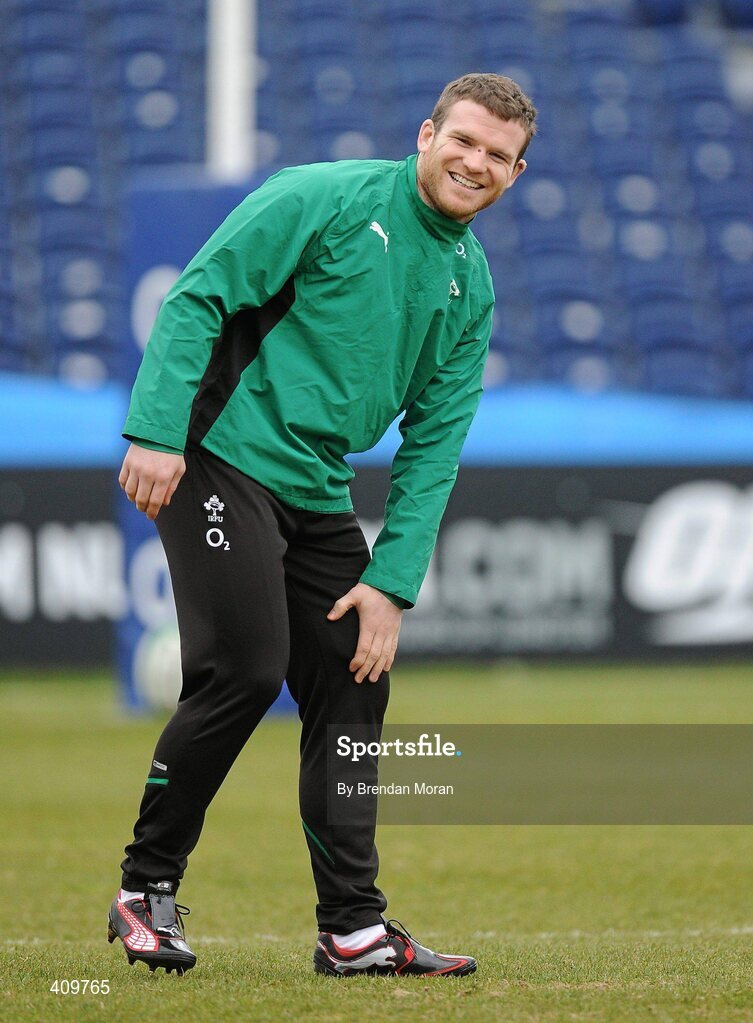 16 March 2010; Ireland centre Gordon D'Arcy checks his leg, which was bruised during the game against Wales, during squad training ahead of their RBS Six Nations Rugby Championship match against Scotland on Saturday. RDS, Ballsbridge, Dublin. Picture credit: Brendan Moran / SPORTSFILE