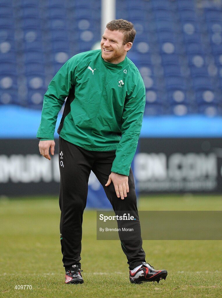 16 March 2010; Ireland centre Gordon D'Arcy checks his leg, which was bruised during the game against Wales, during squad training ahead of their RBS Six Nations Rugby Championship match against Scotland on Saturday. RDS, Ballsbridge, Dublin. Picture credit: Brendan Moran / SPORTSFILE