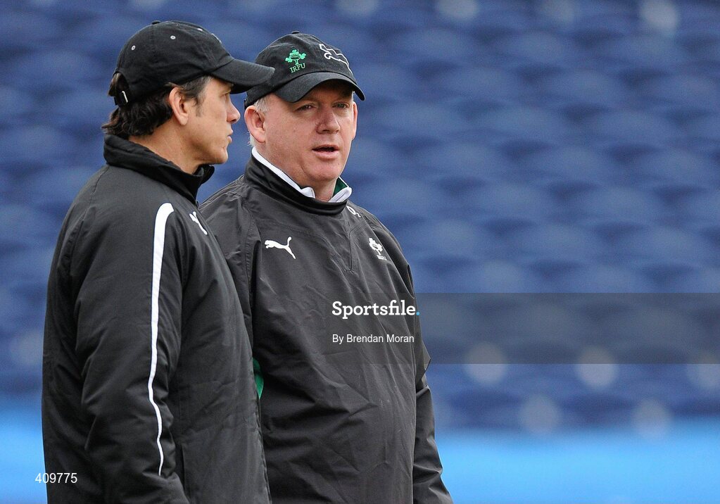 16 March 2010; Ireland head coach Declan Kidney, right, in conversation with defence coach Les Kiss during squad training ahead of their RBS Six Nations Rugby Championship match against Scotland on Saturday. RDS, Ballsbridge, Dublin. Picture credit: Brendan Moran / SPORTSFILE