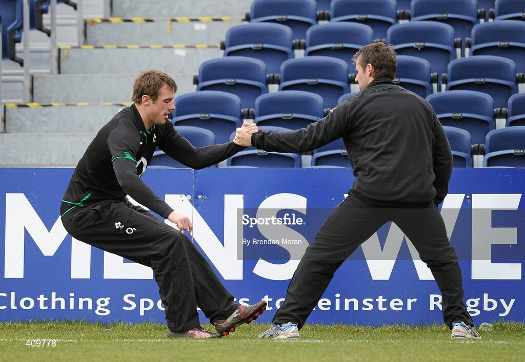 16 March 2010; Ireland's Tommy Bowe goes through some exercises with team physio Cameron Steele during squad training ahead of their RBS Six Nations Rugby Championship match against Scotland on Saturday. RDS, Ballsbridge, Dublin. Picture credit: Brendan Moran / SPORTSFILE