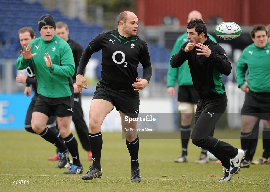 16 March 2010; The ball slips through the fingers of Ireland's Rob Kearney, right, after a pass from team-mate Rory Best during squad training ahead of their RBS Six Nations Rugby Championship match against Scotland on Saturday. RDS, Ballsbridge, Dublin. Picture credit: Brendan Moran / SPORTSFILE