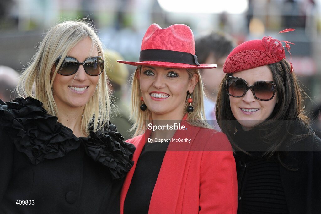 16 March 2010; Irish racegoers, from left, Emma Ledbetter, from Dublin, Anne Marie McManus, from Kildare, and Sue Foley, from Limerick, ahead of the opening day of the Cheltenham Racing Festival 2010. Cheltenham Racing Festival - Tuesday. Prestbury Park, Cheltenham, Gloucestershire, England. Picture credit: Stephen McCarthy / SPORTSFILE