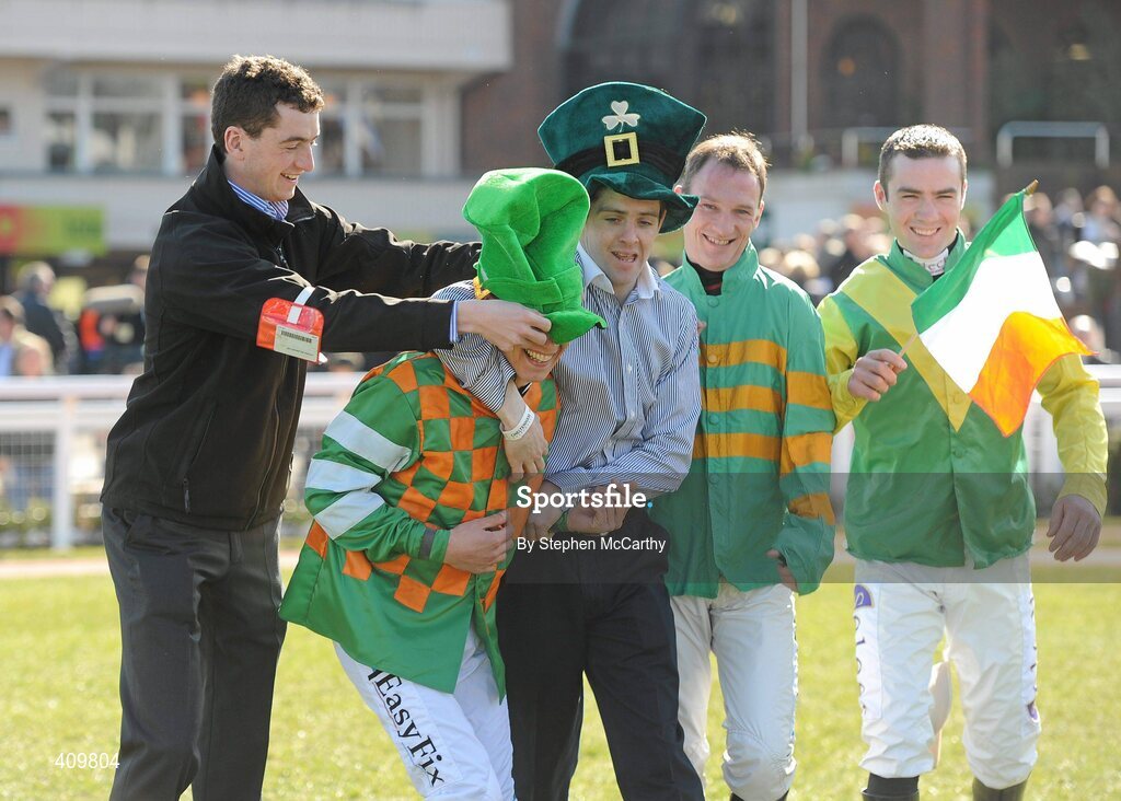 16 March 2010; Irish jockeys, from left, Patrick Mullins, Davy Condon, Martin Ferris, Paul Carberry and Brian O'Connell at the launch of the go racing in Ireland St Patrick's Day celebration ahead of the opening day of the Cheltenham Racing Festival 2010. Cheltenham Racing Festival - Tuesday. Prestbury Park, Cheltenham, Gloucestershire, England. Picture credit: Stephen McCarthy / SPORTSFILE