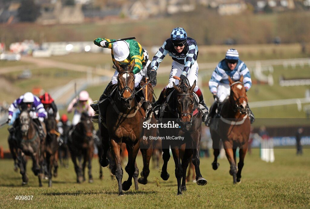 16 March 2010; Menorah, with Richard Johnson up, right, on their way to winning the Spinal Research Supreme Novices' Hurdle, from second place Get Me Out of Here, with Tony McCoy up, left. Cheltenham Racing Festival - Tuesday. Prestbury Park, Cheltenham, Gloucestershire, England. Picture credit: Stephen McCarthy / SPORTSFILE