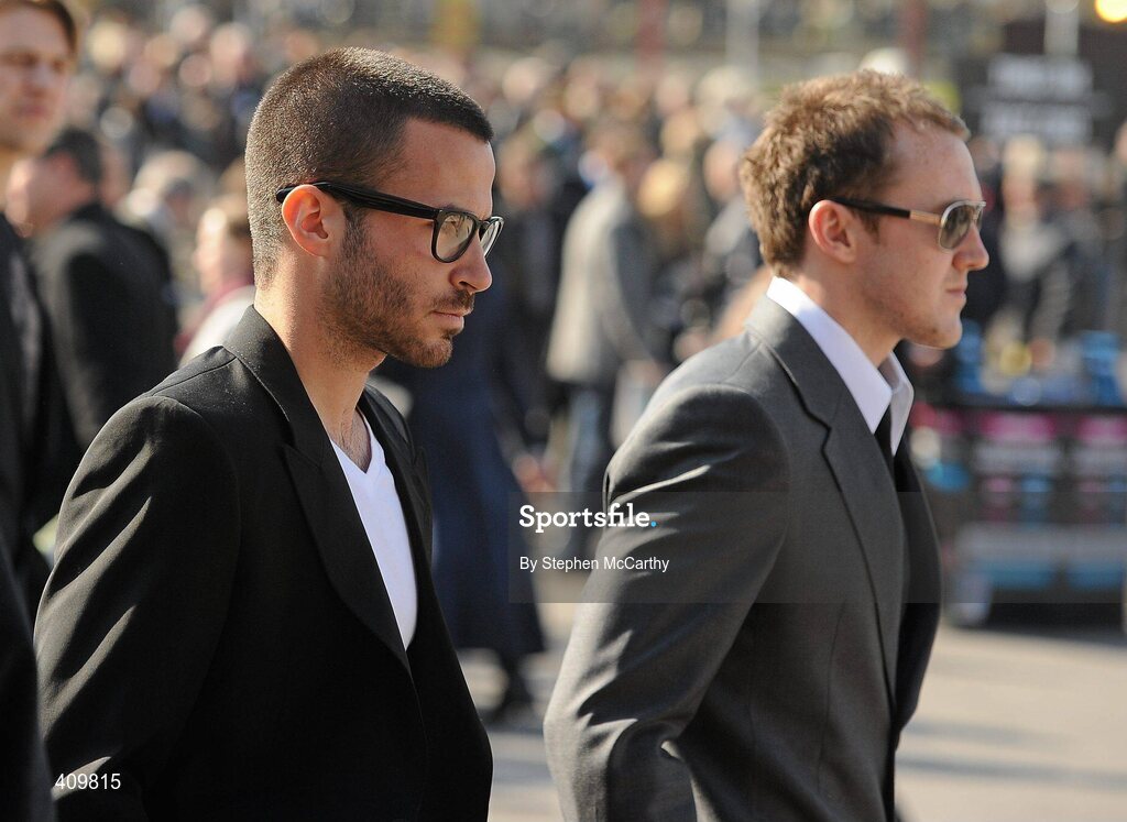16 March 2010; Celtic footballers Marc Crosas, left, and Aiden McGeady arrive ahead of the opening day of the Cheltenham Racing Festival 2010. Cheltenham Racing Festival - Tuesday. Prestbury Park, Cheltenham, Gloucestershire, England. Picture credit: Stephen McCarthy / SPORTSFILE