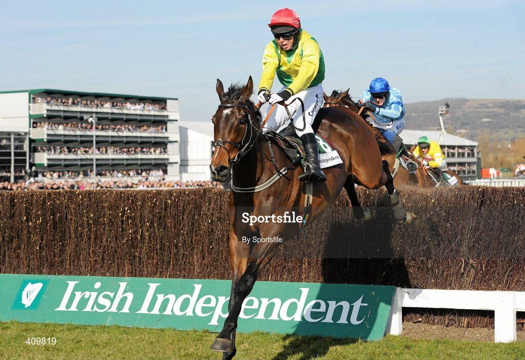 16 March 2010; Sizing Europe, with Andrew Lynch up, after clearing the last on their way to winning the Irish Independent Arkle Challenge Trophy Chase. Cheltenham Racing Festival - Tuesday. Prestbury Park, Cheltenham, Gloucestershire, England. Photo by Sportsfile