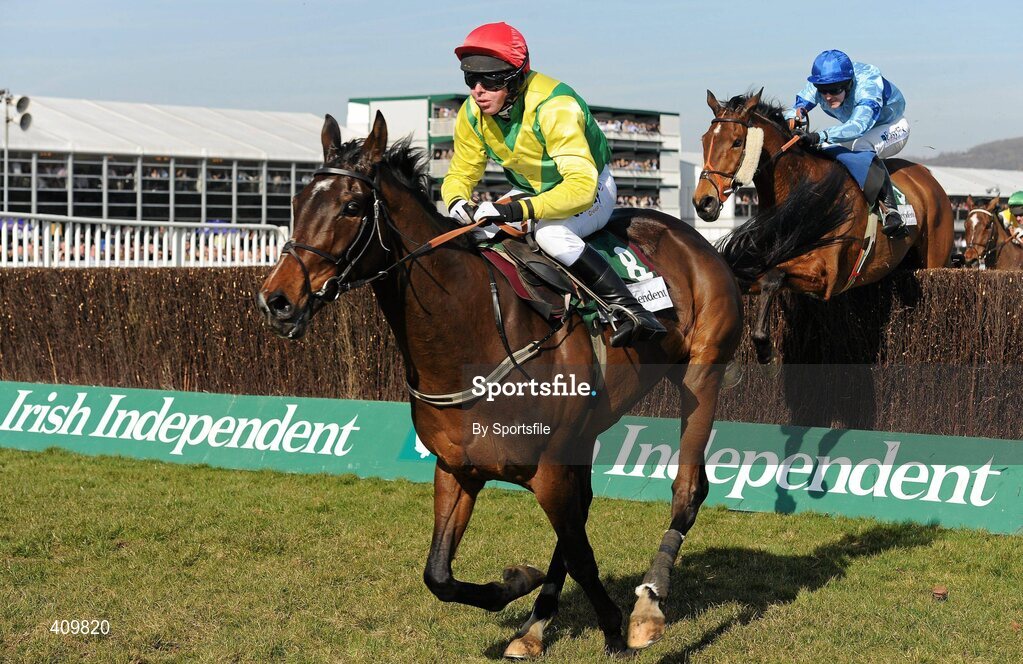 16 March 2010; Sizing Europe, with Andrew Lynch up, after clearing the last, from third place Osana, with Andrew McNamara up, on their way to winning the Irish Independent Arkle Challenge Trophy Chase. Cheltenham Racing Festival - Tuesday. Prestbury Park, Cheltenham, Gloucestershire, England. Photo by Sportsfile