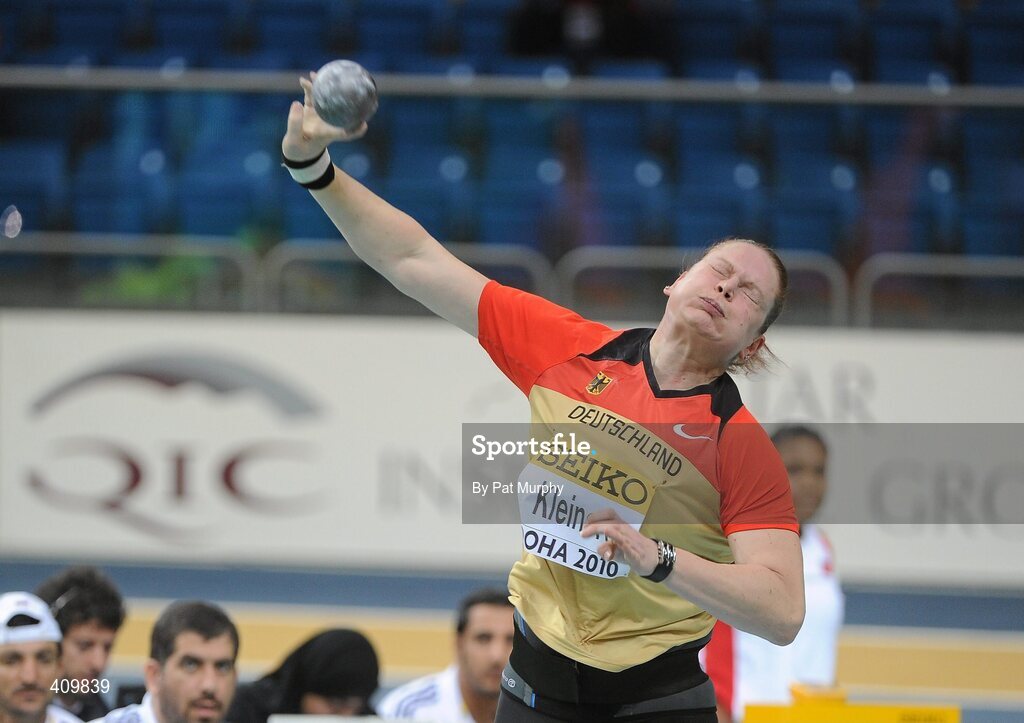13 March 2010; Nadine Kleinert, Germany, in action during the Women's Shot Putt Semi-Final at the 13th IAAF World Indoor Athletics Championships, Doha, Qatar. Picture credit: Pat Murphy / SPORTSFILE