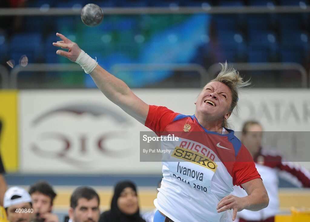 13 March 2010; Olga Ivanova, Russia, in action during the Women's Shot Putt Semi-Final at the 13th IAAF World Indoor Athletics Championships, Doha, Qatar. Picture credit: Pat Murphy / SPORTSFILE