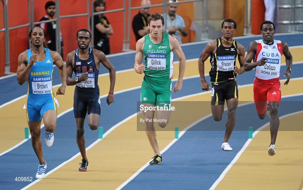 13 March 2010; Ireland's David Gillick in action during the Men's 400m final at the 13th IAAF World Indoor Athletics Championships, Doha, Qatar. Picture credit: Pat Murphy / SPORTSFILE