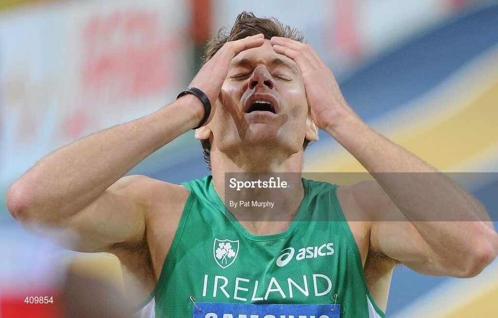 13 March 2010; Ireland's David Gillick shows his disapointment after finishing in 5th place in the Men's 400m final, before later being disqualified, at the 13th IAAF World Indoor Athletics Championships, Doha, Qatar. Picture credit: Pat Murphy / SPORTSFILE