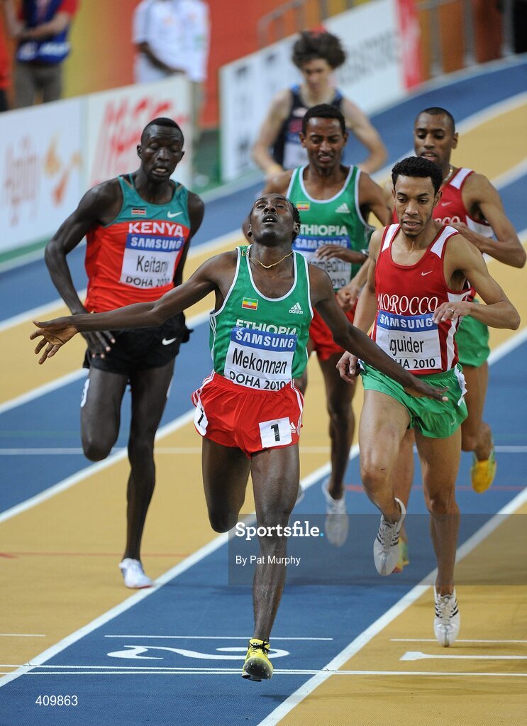 13 March 2010; Deresse Mekonnen, Ethiopia, crosses the finish line to win the Men's 1500m Final at the 13th IAAF World Indoor Athletics Championships, Doha, Qatar. Picture credit: Pat Murphy / SPORTSFILE