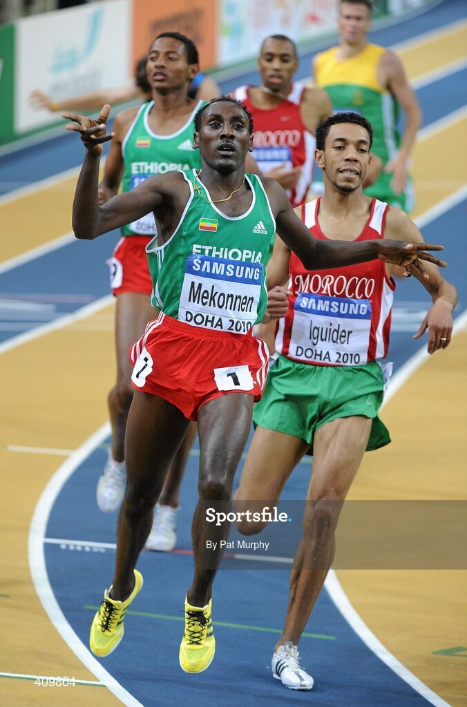 13 March 2010; Deresse Mekonnen, Ethiopia, celebrates after winning the Men's 1500m Final at the 13th IAAF World Indoor Athletics Championships, Doha, Qatar. Picture credit: Pat Murphy / SPORTSFILE