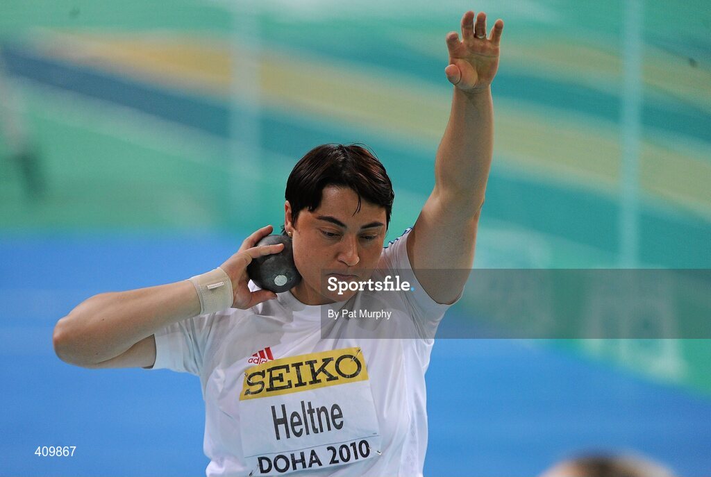 14 March 2010; Anca Heltne, Romania, in action during the Women's Shot Putt Final at the 13th IAAF World Indoor Athletics Championships, Doha, Qatar. Picture credit: Pat Murphy / SPORTSFILE