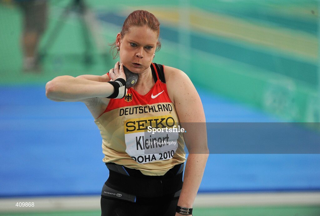 14 March 2010; Nadine Kleinert, Germany, in action during the Women's Shot Putt Final at the 13th IAAF World Indoor Athletics Championships, Doha, Qatar. Picture credit: Pat Murphy / SPORTSFILE