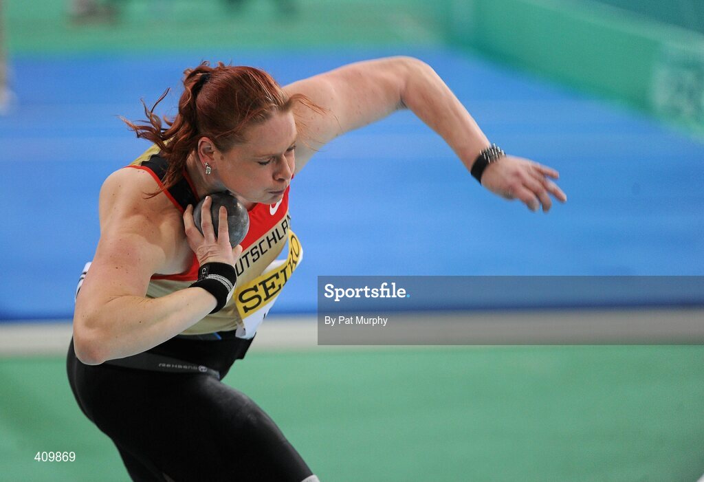 14 March 2010; Nadine Kleinert, Germany, in action during the Women's Shot Putt Final at the 13th IAAF World Indoor Athletics Championships, Doha, Qatar. Picture credit: Pat Murphy / SPORTSFILE