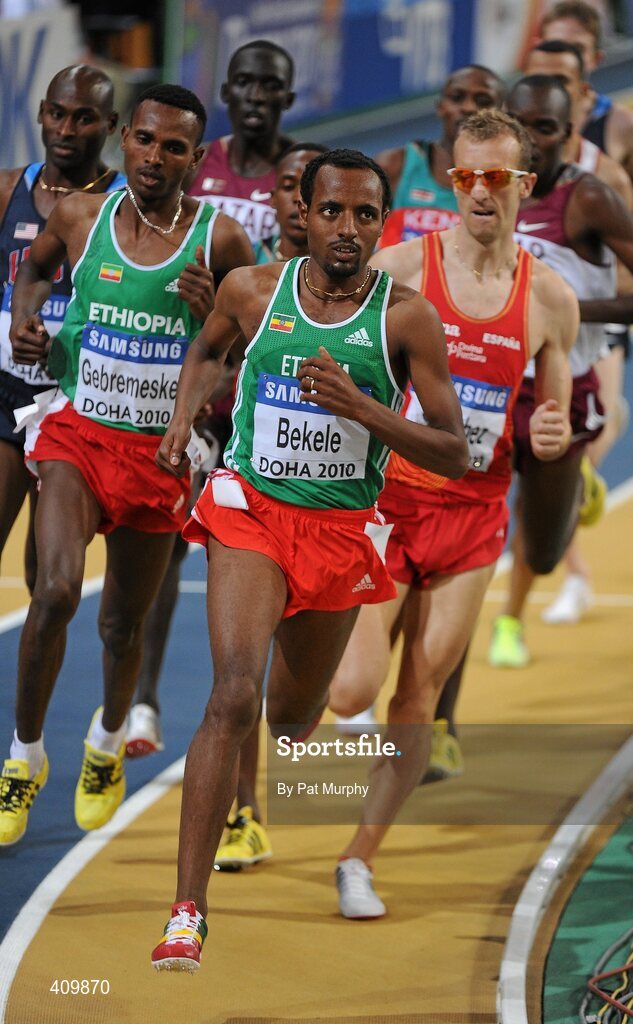 14 March 2010; Tariku Bekele, Ethiopia, leads the field during the early stages of the Men's 3000m Final at the 13th IAAF World Indoor Athletics Championships, Doha, Qatar. Picture credit: Pat Murphy / SPORTSFILE