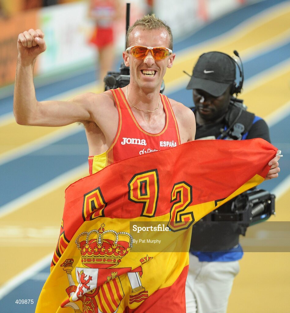 14 March 2010; Sergio Sánchez, Spain, celebrates after finishing in second place in the Men's 3000m Final at the 13th IAAF World Indoor Athletics Championships, Doha, Qatar. Picture credit: Pat Murphy / SPORTSFILE