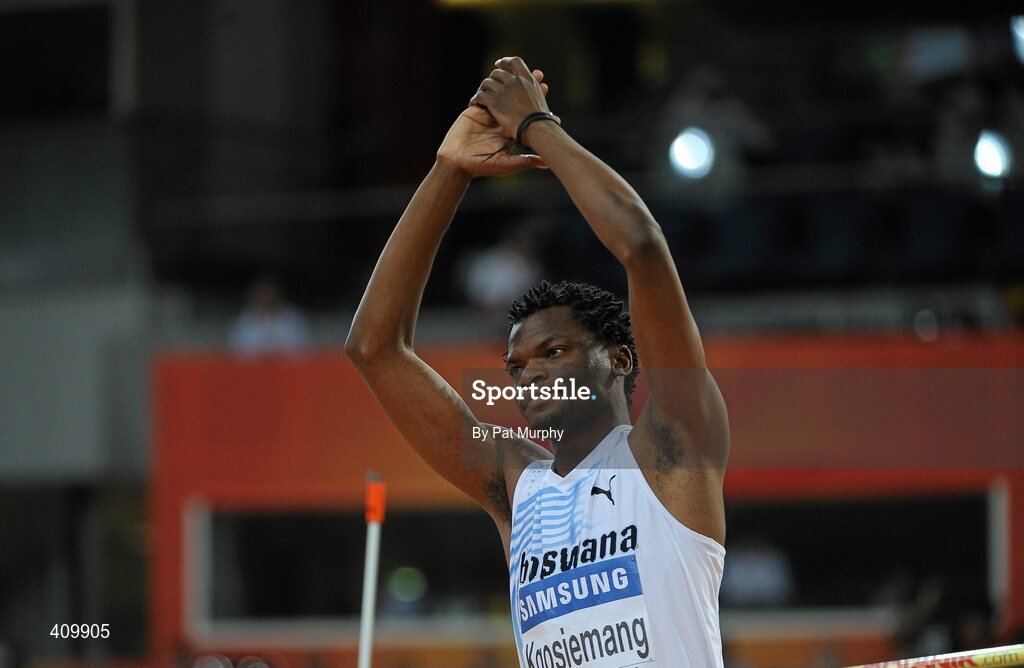 14 March 2010; Kabelo Kgosiemang, Botswana, salutes the crowd after the Men's High Jump Final at the 13th IAAF World Indoor Athletics Championships, Doha, Qatar. Picture credit: Pat Murphy / SPORTSFILE