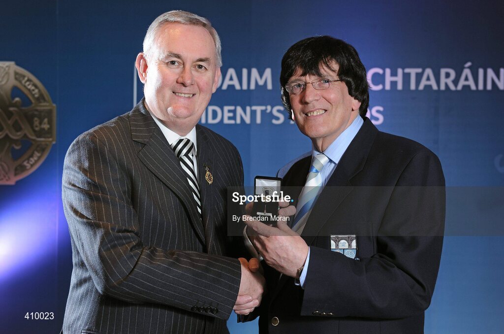 17 March 2009; Charlie McAlester, Newtown Blues GAA Club, Co. Louth, is presented with a GAA President's Award by Uachtarán CLG Criostóir Ó Cuana. For 39 years, Charlie had seen to it that Louth County teams of all levels were togged out to the very best standards. His standing in the world of the GAA has been perfectly demonstrated over the past 11 months during his battle with serious illness. It was with regret that Charlie had to give up his job as Louth kitman but his interest in wee county teams remains strong. GAA President’s Awards 2010, Croke Park, Dublin. Picture credit: Brendan Moran / SPORTSFILE