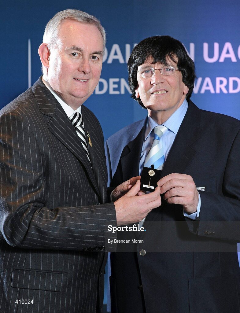17 March 2009; Charlie McAlester, Newtown Blues GAA Club, Co. Louth, is presented with a GAA President's Award by Uachtarán CLG Criostóir Ó Cuana. For 39 years, Charlie had seen to it that Louth County teams of all levels were togged out to the very best standards. His standing in the world of the GAA has been perfectly demonstrated over the past 11 months during his battle with serious illness. It was with regret that Charlie had to give up his job as Louth kitman but his interest in wee county teams remains strong. GAA President’s Awards 2010, Croke Park, Dublin. Picture credit: Brendan Moran / SPORTSFILE