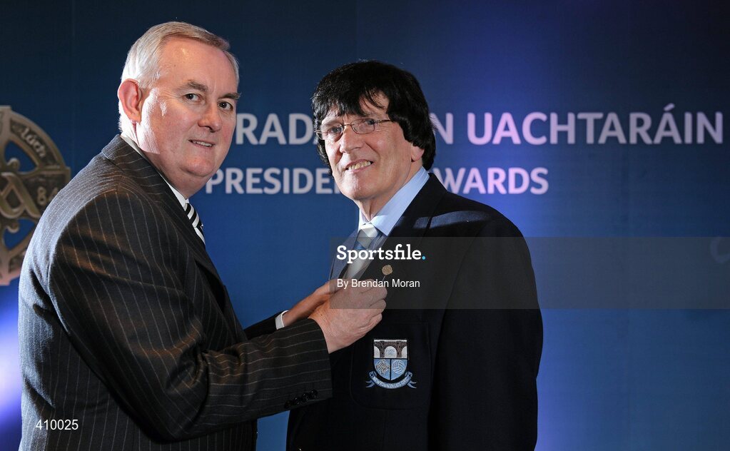 17 March 2009; Charlie McAlester, Newtown Blues GAA Club, Co. Louth, is presented with a GAA President's Award by Uachtarán CLG Criostóir Ó Cuana. For 39 years, Charlie had seen to it that Louth County teams of all levels were togged out to the very best standards. His standing in the world of the GAA has been perfectly demonstrated over the past 11 months during his battle with serious illness. It was with regret that Charlie had to give up his job as Louth kitman but his interest in wee county teams remains strong. GAA President’s Awards 2010, Croke Park, Dublin. Picture credit: Brendan Moran / SPORTSFILE