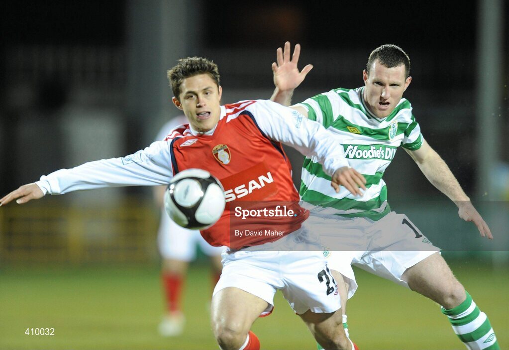 16 March 2010; Ryan Guy, St Patrick's Athletic, in action against Pat Flynn, Shamrock Rovers. Airtricity League Premier Division, Shamrock Rovers v St Patrick's Athletic, Tallaght Stadium, Tallaght, Dublin. Picture credit: David Maher / SPORTSFILE