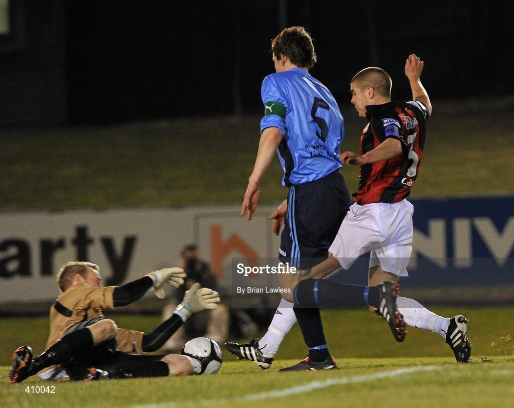16 March 2010; UCD goalkeeper Billy Brennan claims the ball ahead of team-mate Evan McMillan and Conor Powell, Bohemians. Airtricity League Premier Division, UCD v Bohemians, UCD Bowl, Belfield, Dublin. Picture credit: Brian Lawless / SPORTSFILE