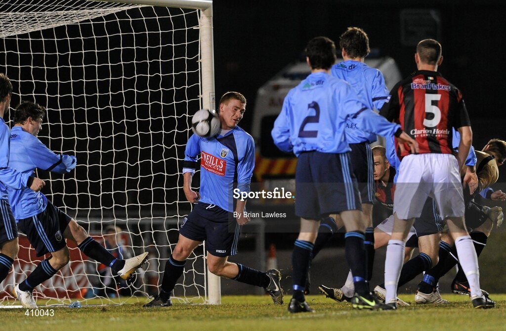 16 March 2010; Ciaran Nangle, left, UCD, hits team-mate Stephen Roche as he clears the ball from the line. Airtricity League Premier Division, UCD v Bohemians, UCD Bowl, Belfield, Dublin. Picture credit: Brian Lawless / SPORTSFILE