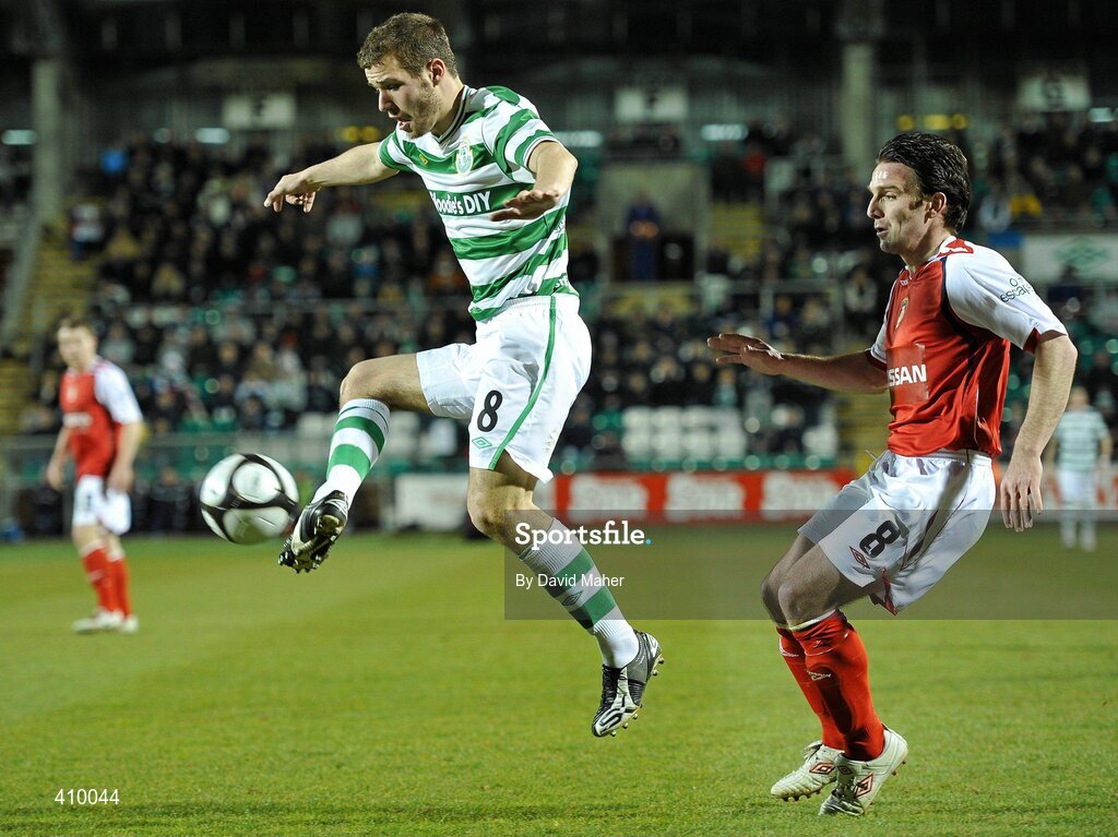 16 March 2010; James Chambers, Shamrock Rovers, in action against Stuart Byrne, St Patrick's Athletic. Airtricity League Premier Division, Shamrock Rovers v St Patrick's Athletic, Tallaght Stadium, Tallaght, Dublin. Picture credit: David Maher / SPORTSFILE