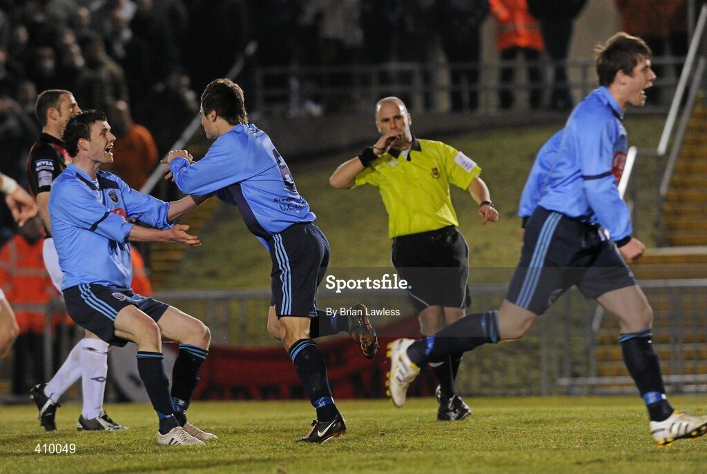 16 March 2010; Greg Bolger, UCD, is congratulated by team-mate Ciaran Kilduff, left, after scoring his side's first goal from the penalty spot. Airtricity League Premier Division, UCD v Bohemians, UCD Bowl, Belfield, Dublin. Picture credit: Brian Lawless / SPORTSFILE