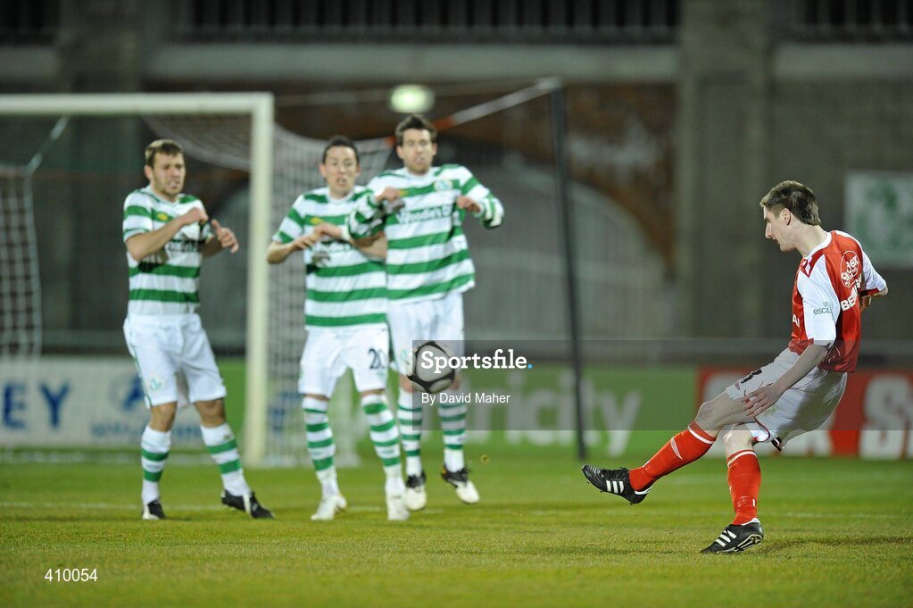 16 March 2010; Ian Birmingham, St Patrick's Athletic, shoots a free kick over the Shamrock Rovers wall to score his side's first goal. Airtricity League Premier Division, Shamrock Rovers v St Patrick's Athletic, Tallaght Stadium, Tallaght, Dublin. Picture credit: David Maher / SPORTSFILE