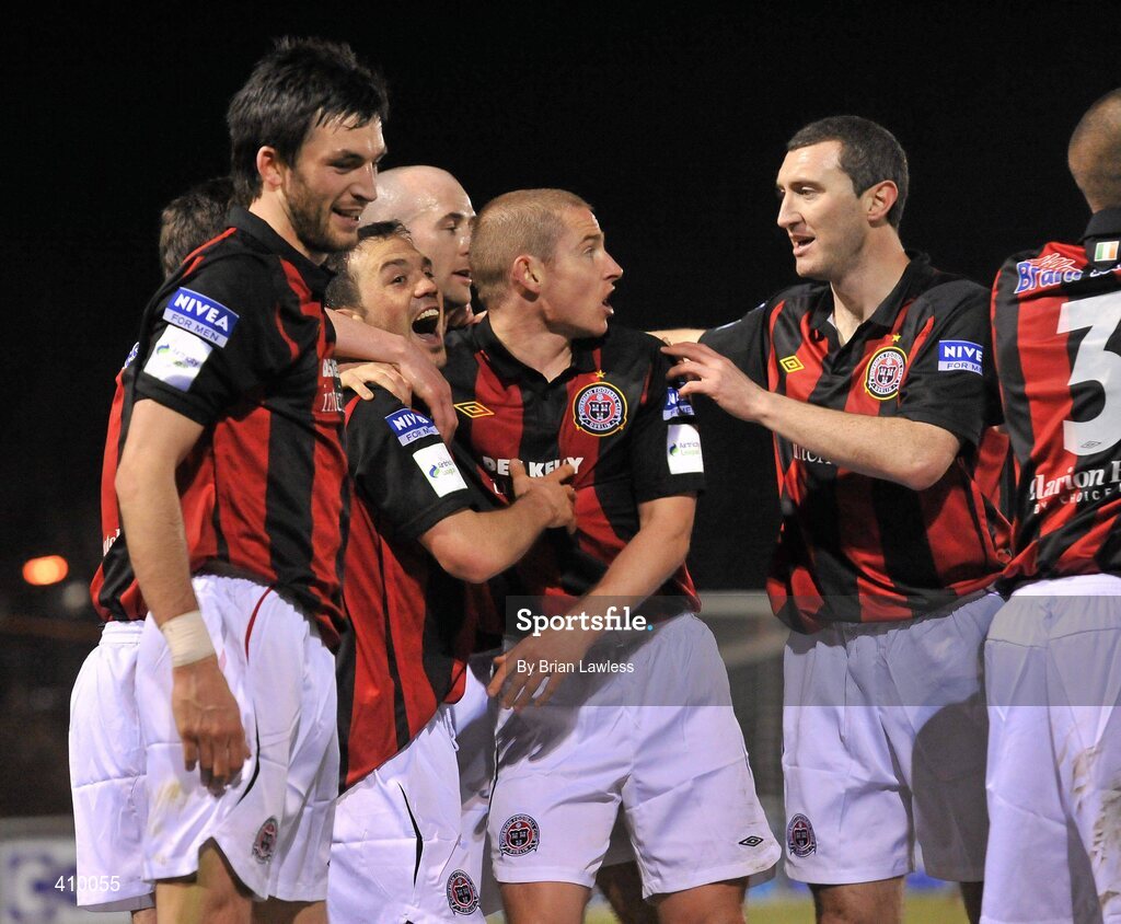 16 March 2010; Bohemians' Rafaelle Cretaro, second from left, celebrates with team-mates after scoring his side's second goal. Airtricity League Premier Division, UCD v Bohemians, UCD Bowl, Belfield, Dublin. Picture credit: Brian Lawless / SPORTSFILE