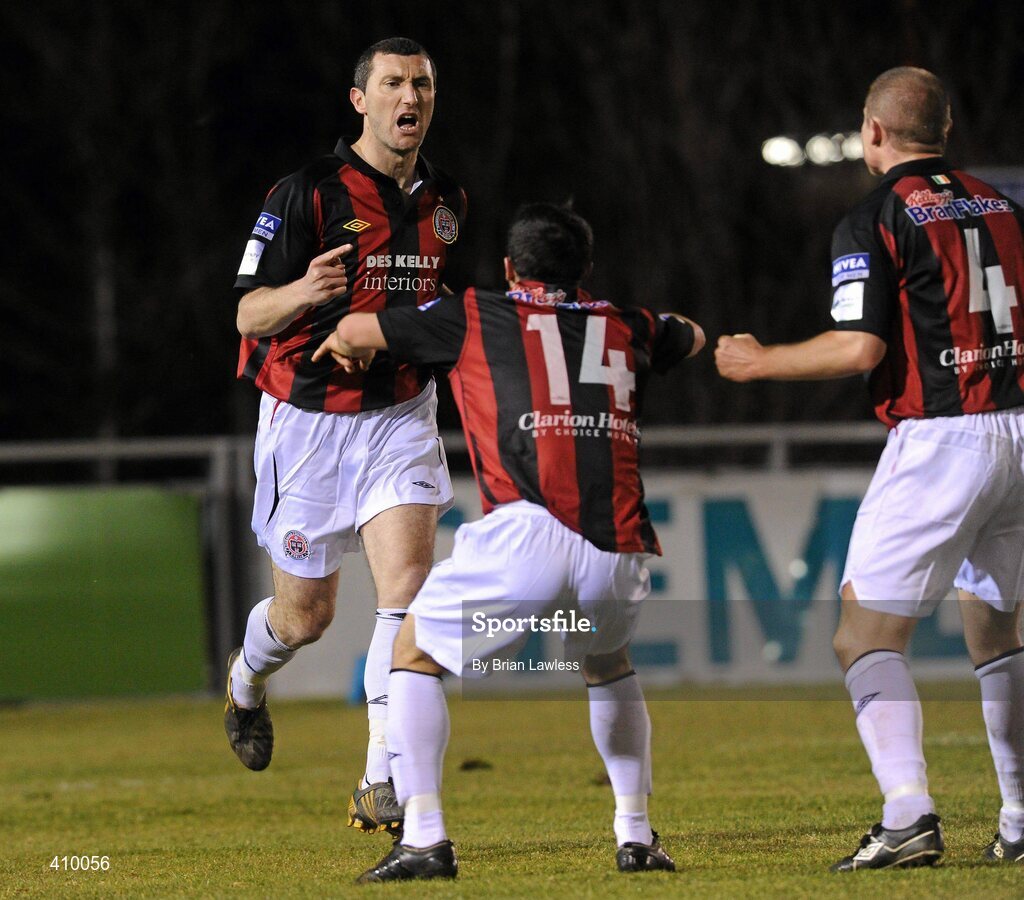 16 March 2010; Bohemians' Jason Byrne, left, celebrates with team-mates Rafaelle Cretaro and Glen Cronin, right, after scoring his side's first goal. Airtricity League Premier Division, UCD v Bohemians, UCD Bowl, Belfield, Dublin. Picture credit: Brian Lawless / SPORTSFILE