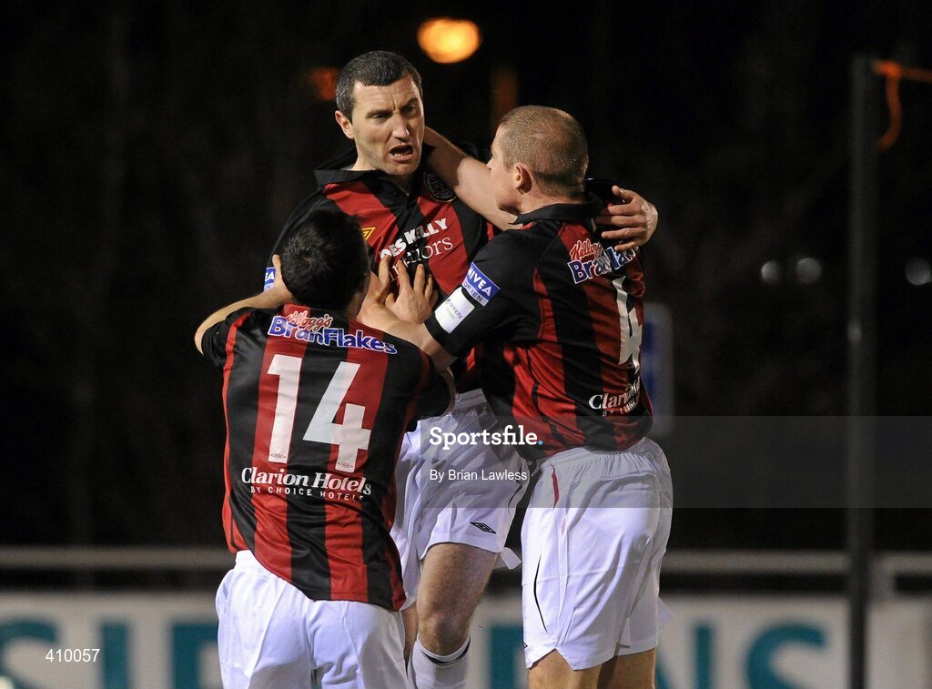 16 March 2010; Bohemians' Jason Byrne, centre, celebrates with team-mates Rafaelle Cretaro and Glen Cronin, right, after scoring his side's first goal. Airtricity League Premier Division, UCD v Bohemians, UCD Bowl, Belfield, Dublin. Picture credit: Brian Lawless / SPORTSFILE